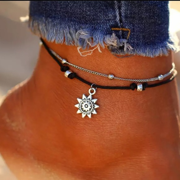 🔴𝟭𝟬/$𝟮𝟱🔴NEW 2 Layered Black Cord Sun Charm Bohemian Anklet - Picture 6 of 11